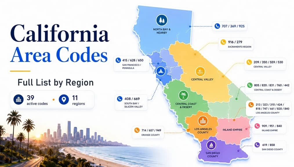 California area codes 2026 — 39 active codes across 11 regions, full list with overlay rules