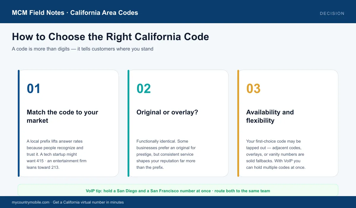 How to choose a California area code — match the code to your market, original vs overlay, and availability fallbacks like adjacent codes and VoIP routing