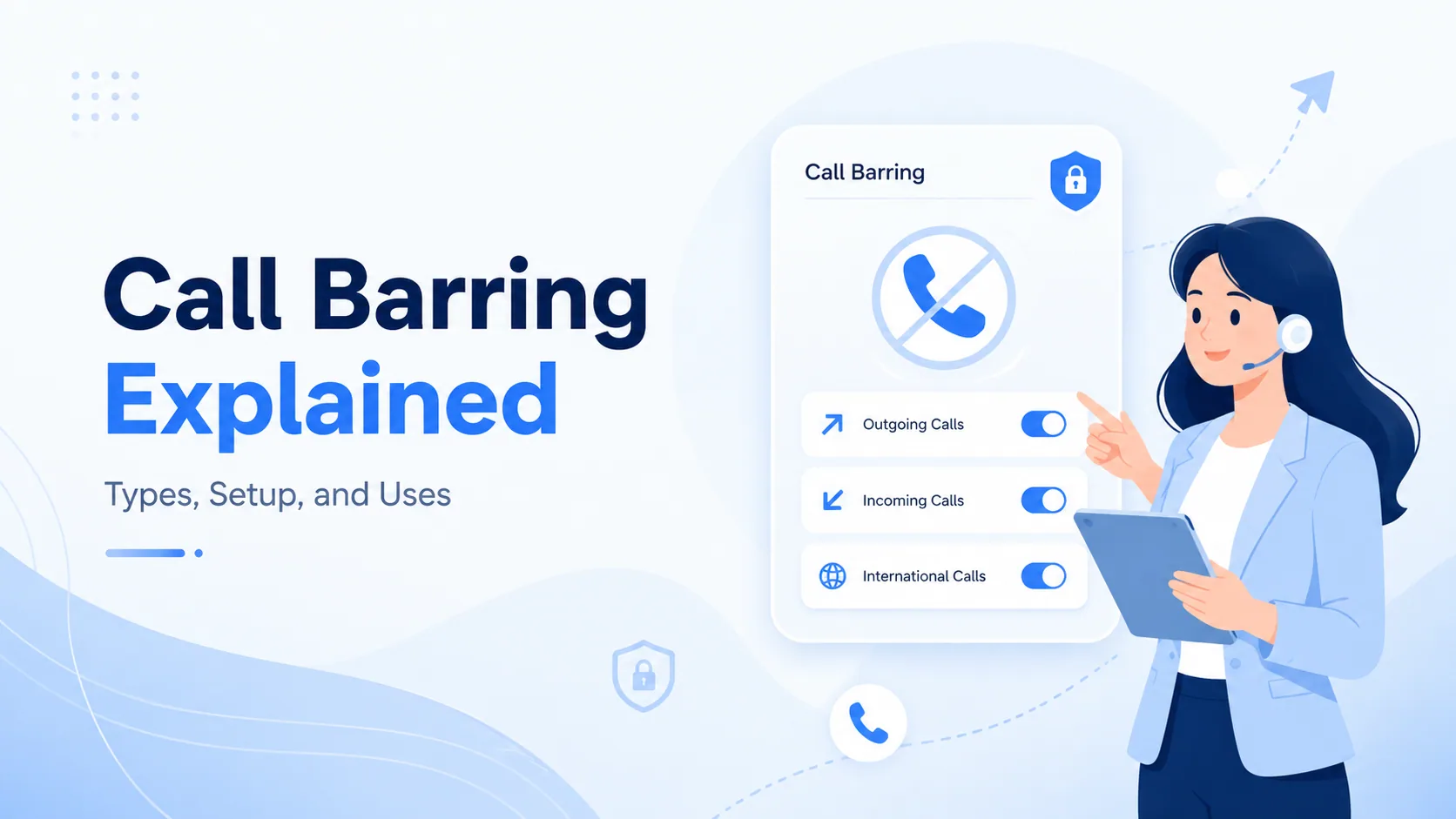 Call barring infographic showing a settings panel with toggles for outgoing, international, incoming, and roaming call restrictions, plus a PIN field