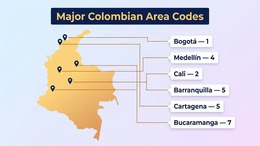 Map of Colombia with pins on six cities, each linked to its landline area code