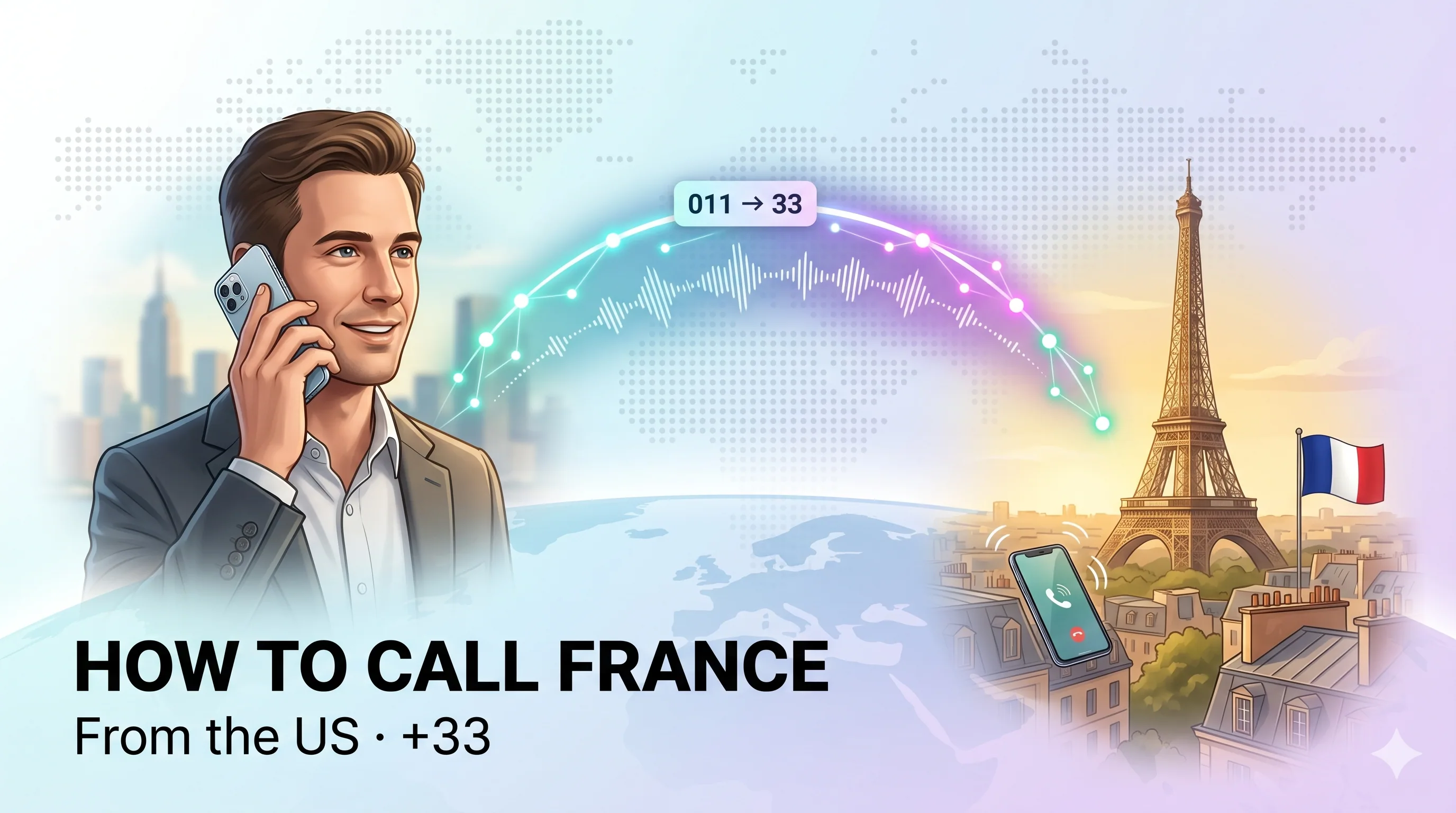 How to call France from the US using +33, illustrated with a caller and the Eiffel Tower