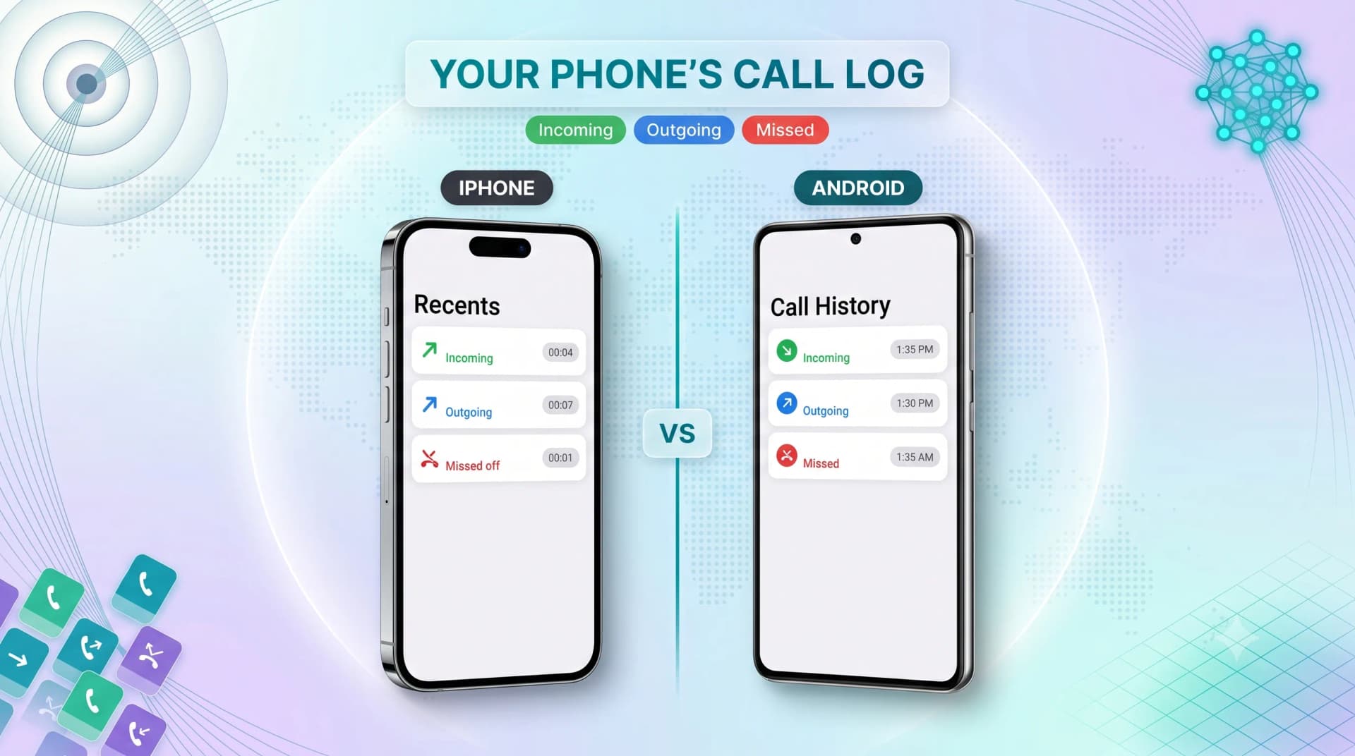 Your phone's call log compared on iPhone Recents and Android Call History, showing incoming, outgoing, and missed calls with timestamps