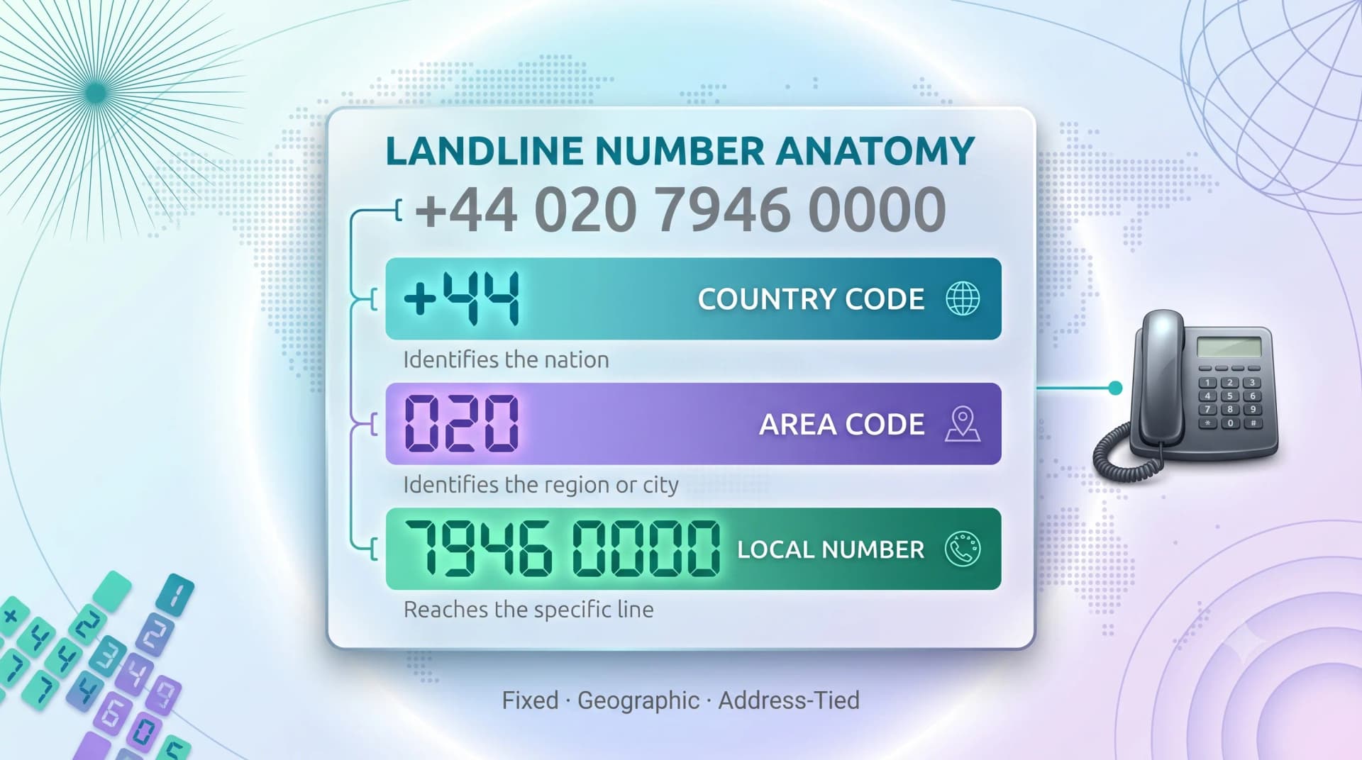 Landline number anatomy: country code, area code, and local number making up +44 020 7946 0000