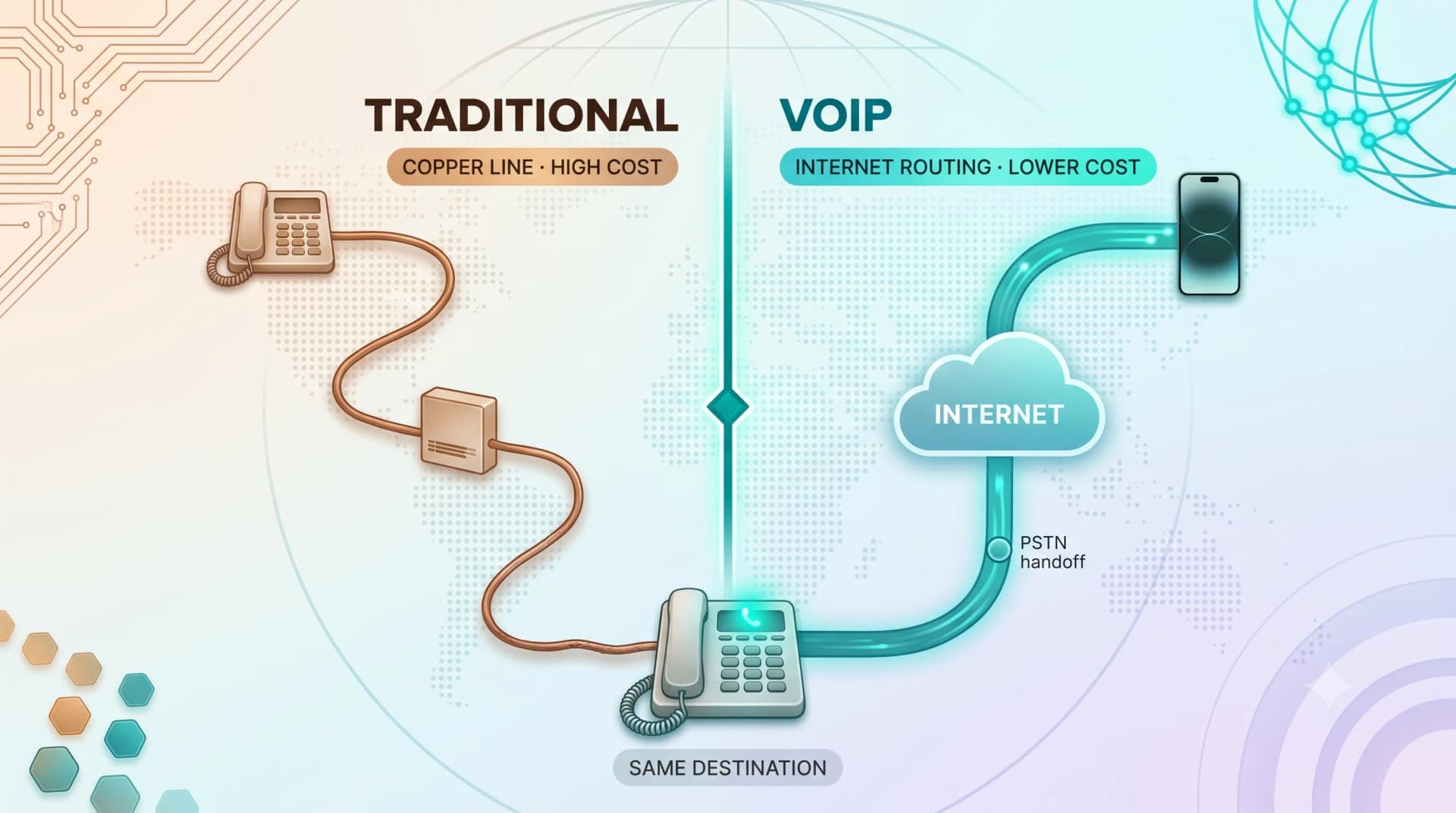 Traditional copper-line calling versus VoIP internet routing, both reaching the same landline destination