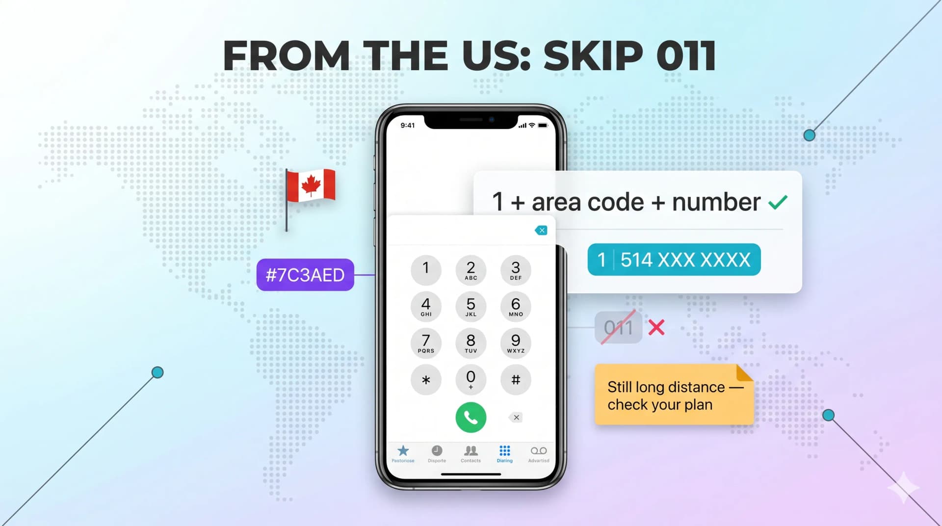 Phone dialing 1 plus area code plus number to call Canada from the US, skipping the 011 exit code