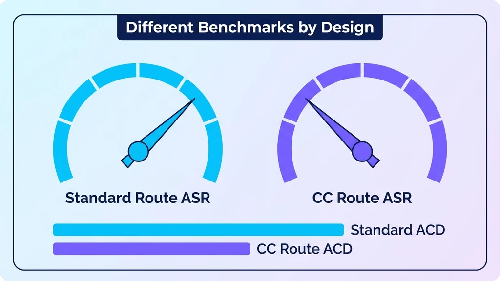 ASR and ACD benchmarks for CC routes compared against standard retail route benchmarks
