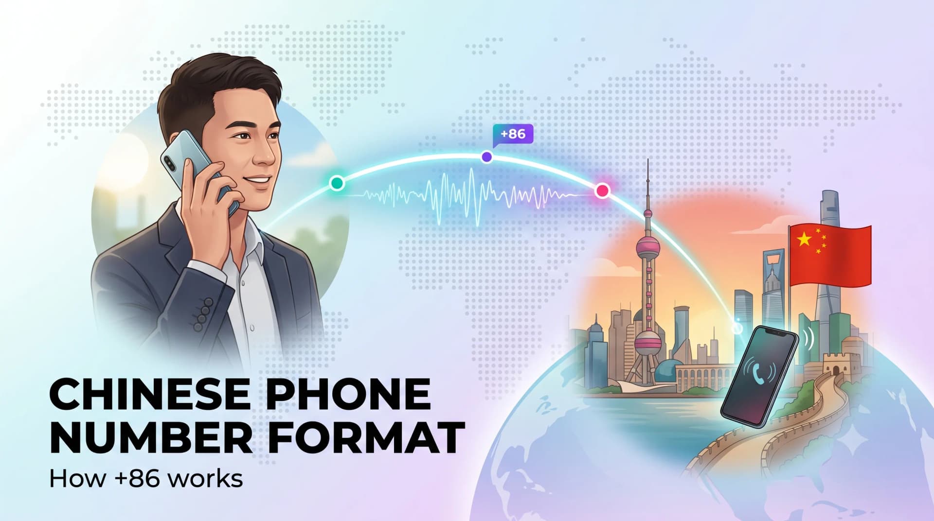 Chinese Phone Number Format — how +86 works, with a caller connecting to a Chinese city skyline