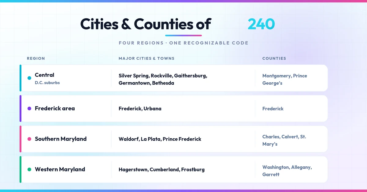 Region matrix table of Central, Frederick, Southern, and Western Maryland cities and counties