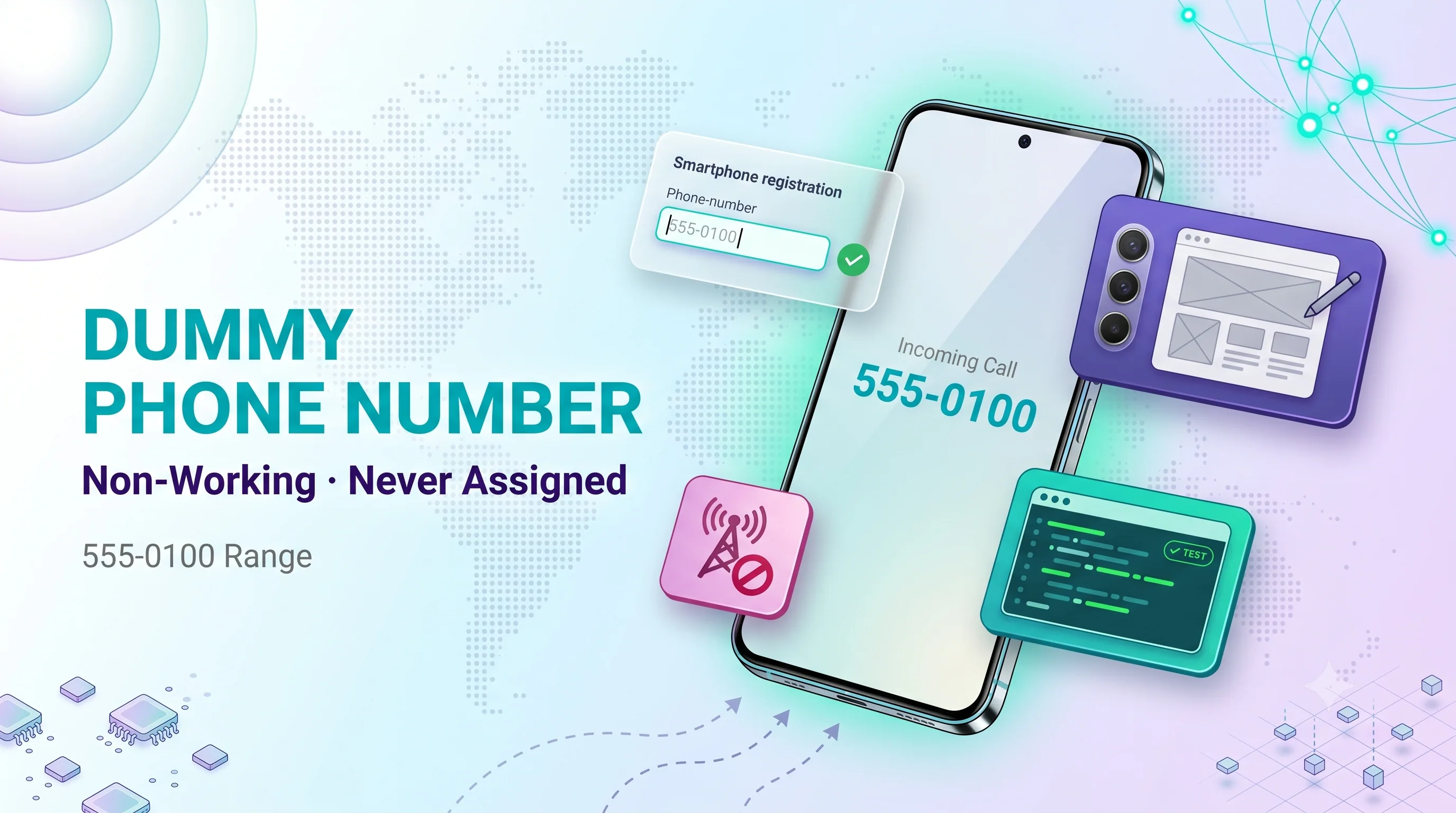 Dummy phone number infographic showing a non-working 555-0100 placeholder number that is never assigned
