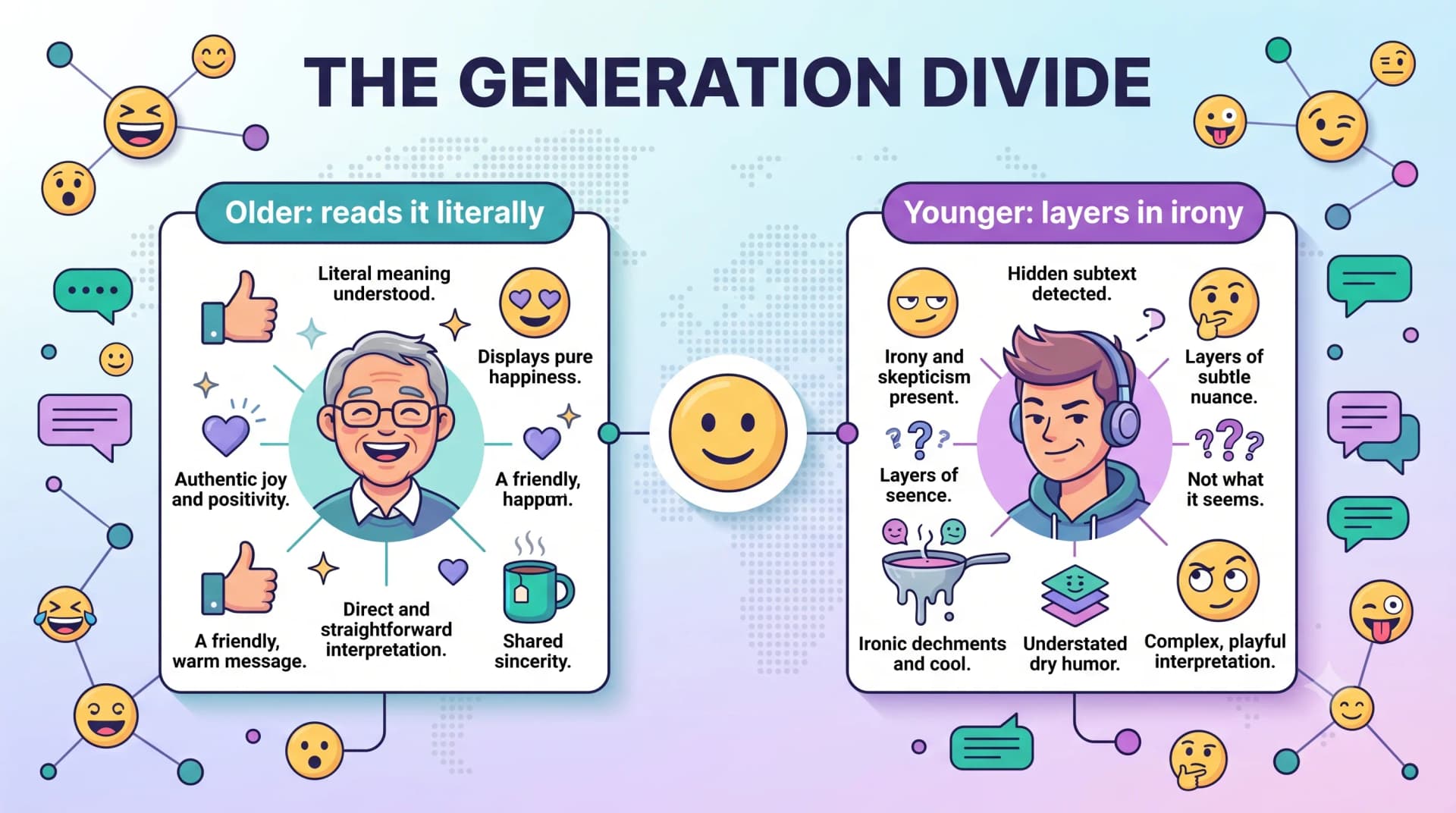 The generation divide — older users read emojis literally while younger users layer in irony and hidden subtext