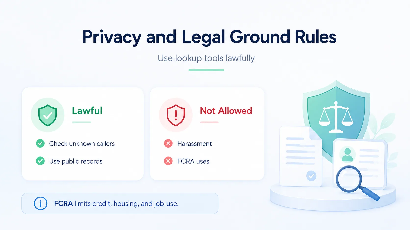 Privacy and legal ground rules: lawful uses like checking unknown callers and public records versus prohibited uses like harassment and FCRA decisions