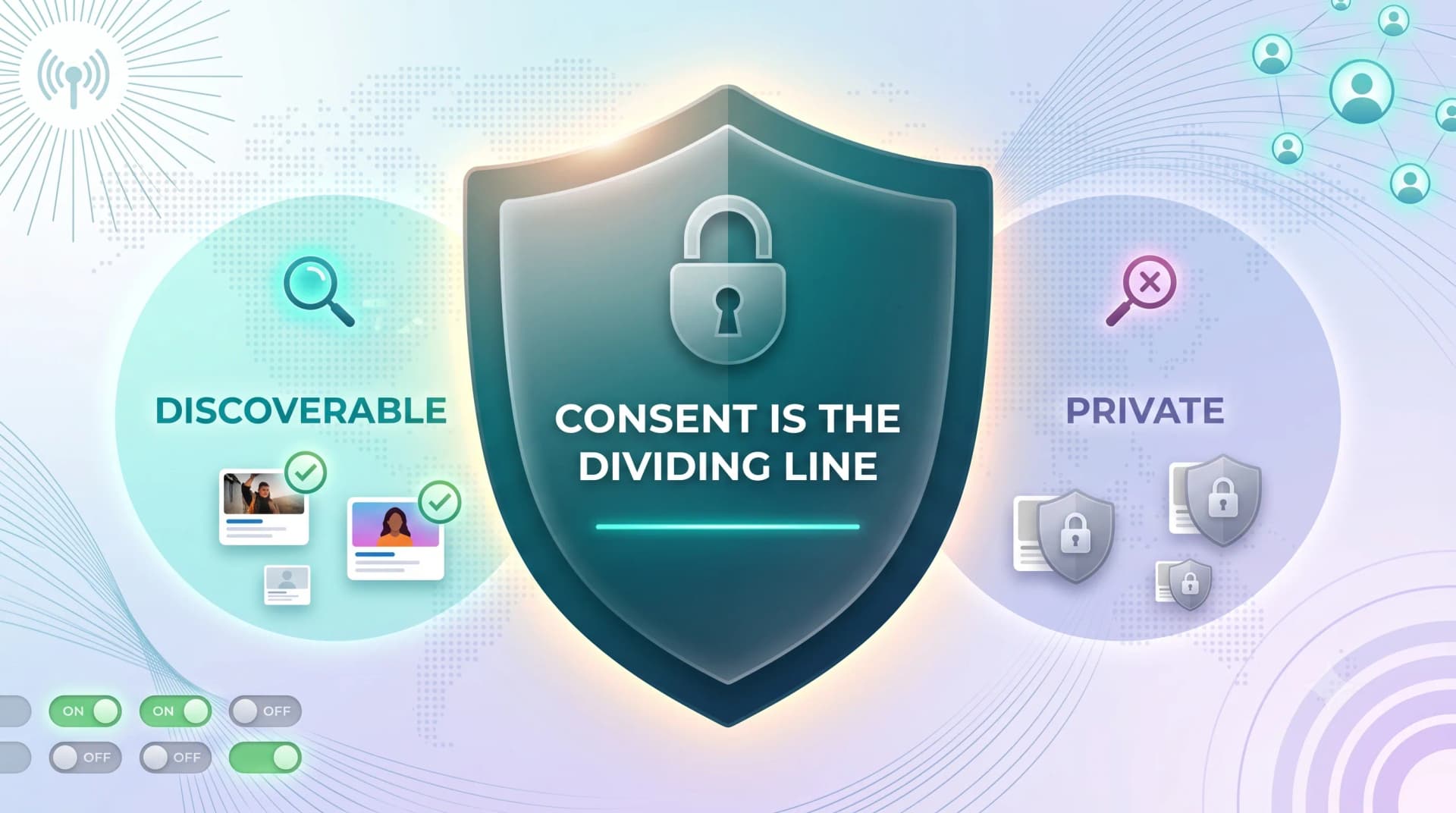 Infographic showing consent as the dividing line between discoverable and private profiles when searching by phone number