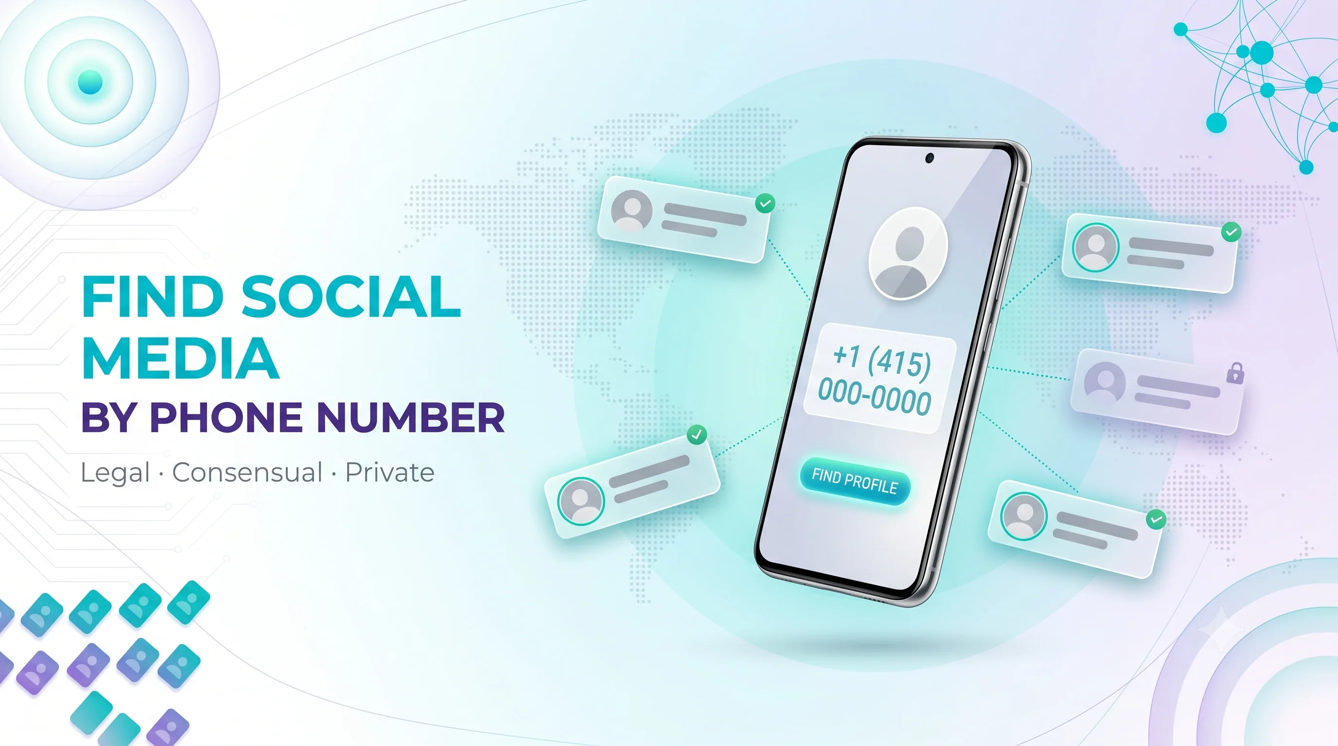 Find social media by phone number infographic showing a phone dialing a number and surfacing matching profiles, labeled legal, consensual, and private