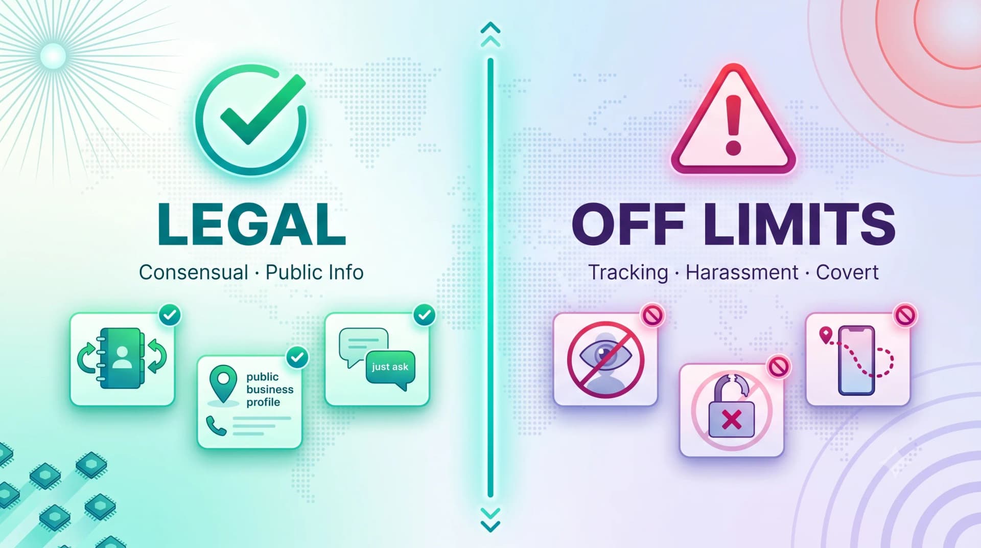 Infographic contrasting legal, consensual, public-info methods with off-limits tracking, harassment, and covert tactics