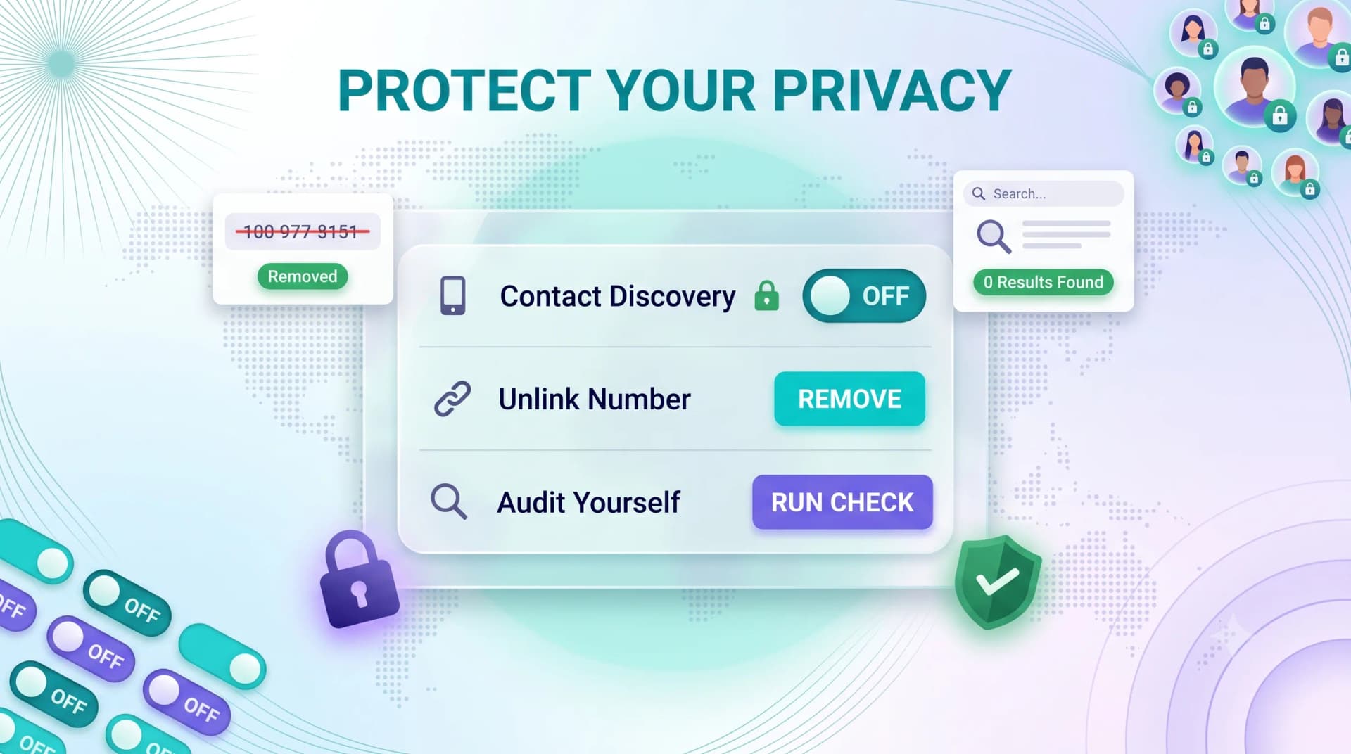Infographic showing how to protect your privacy: turn off contact discovery, unlink your number, and audit yourself