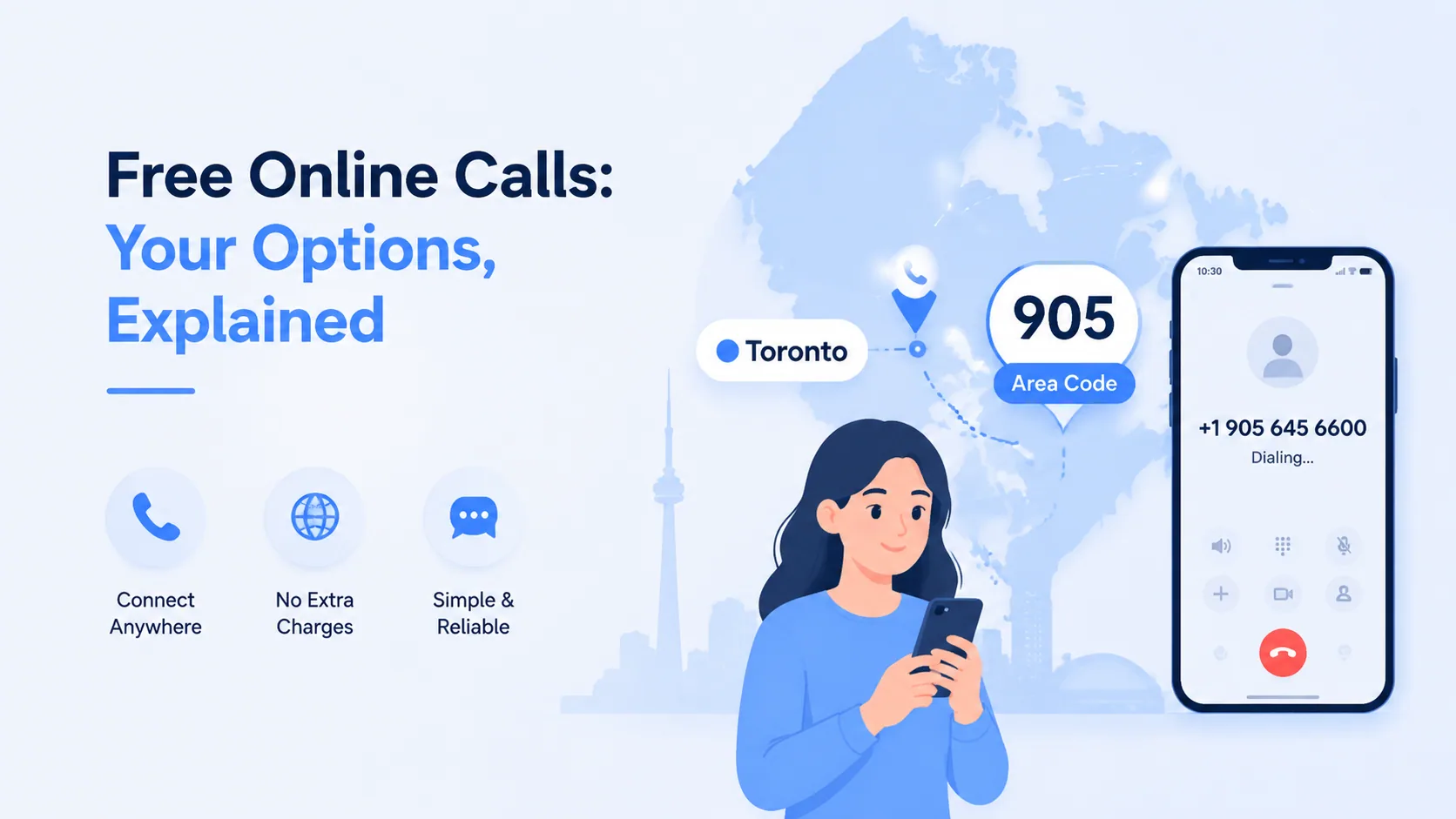 Free online calls infographic showing a browser-based VoIP calling window with an in-progress free call, signal bars, and the trade-offs between app-to-app, free-call websites, and Google Voice