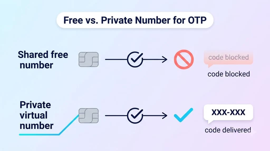 A single private phone number successfully receiving a verification code, contrasted with a crossed-out shared public number