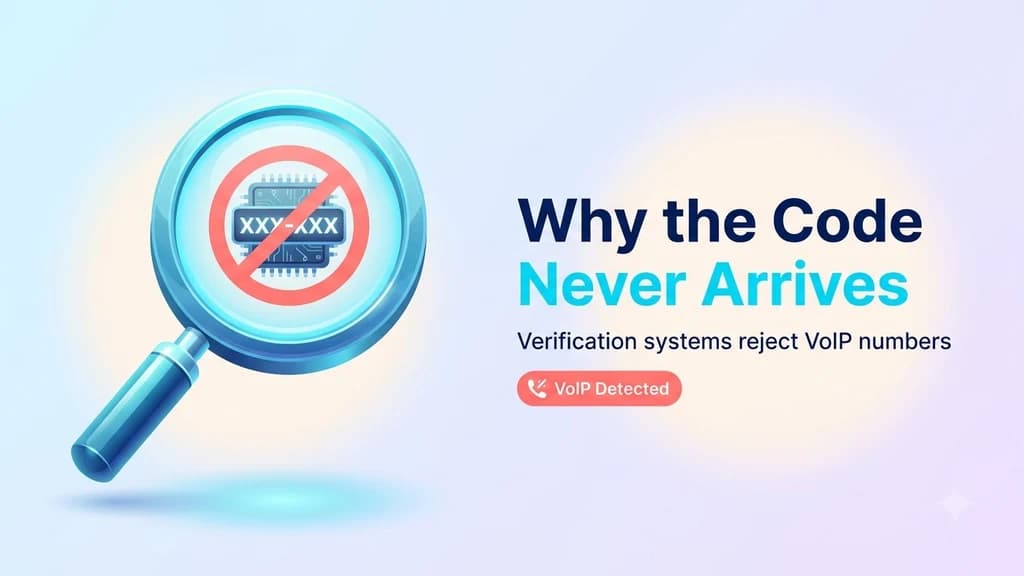 A verification system checking a phone number against a VOIP registry and rejecting it before sending a code