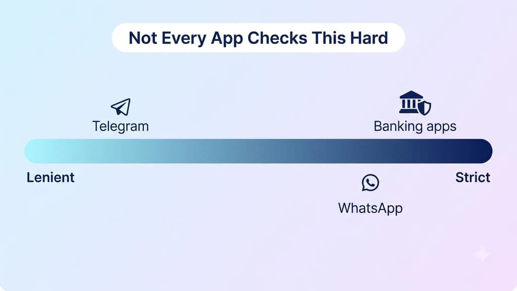 A strictness scale showing WhatsApp's verification checks positioned closer to banking apps than to lenient messaging apps like Telegram