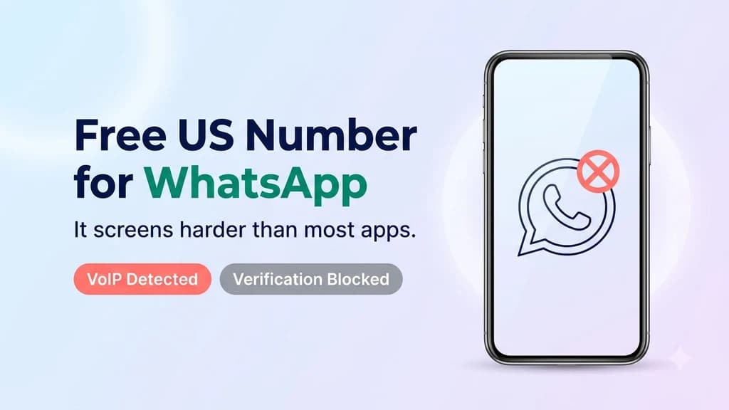 A phone attempting WhatsApp verification with a free number, shown being flagged and rejected by WhatsApp's checks