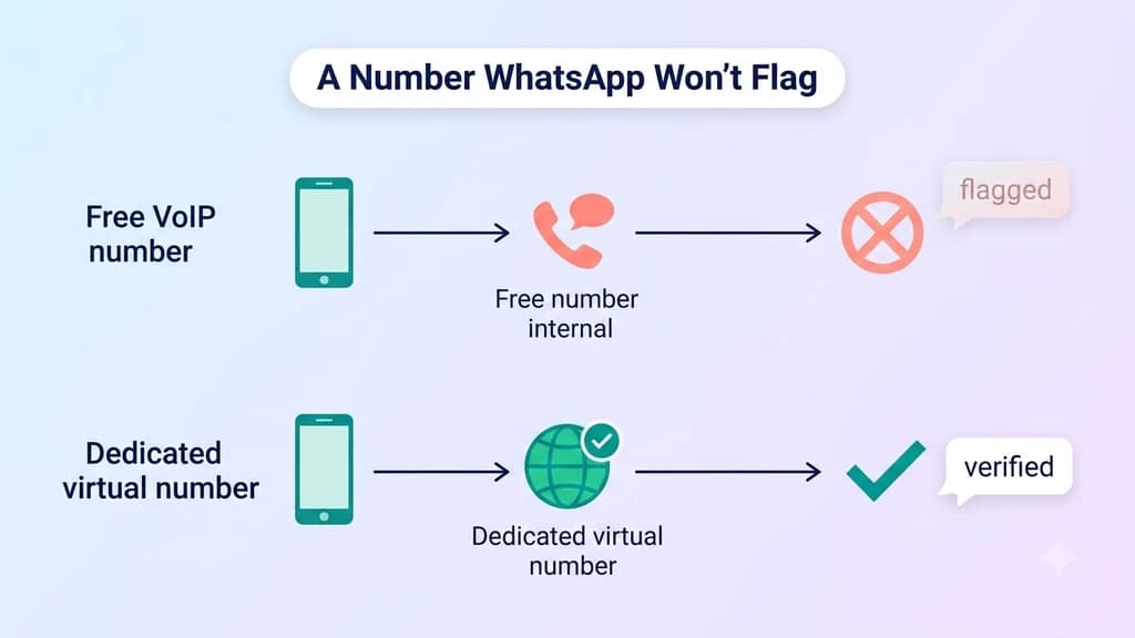 A dedicated virtual number passing WhatsApp verification cleanly, contrasted with a flagged free number