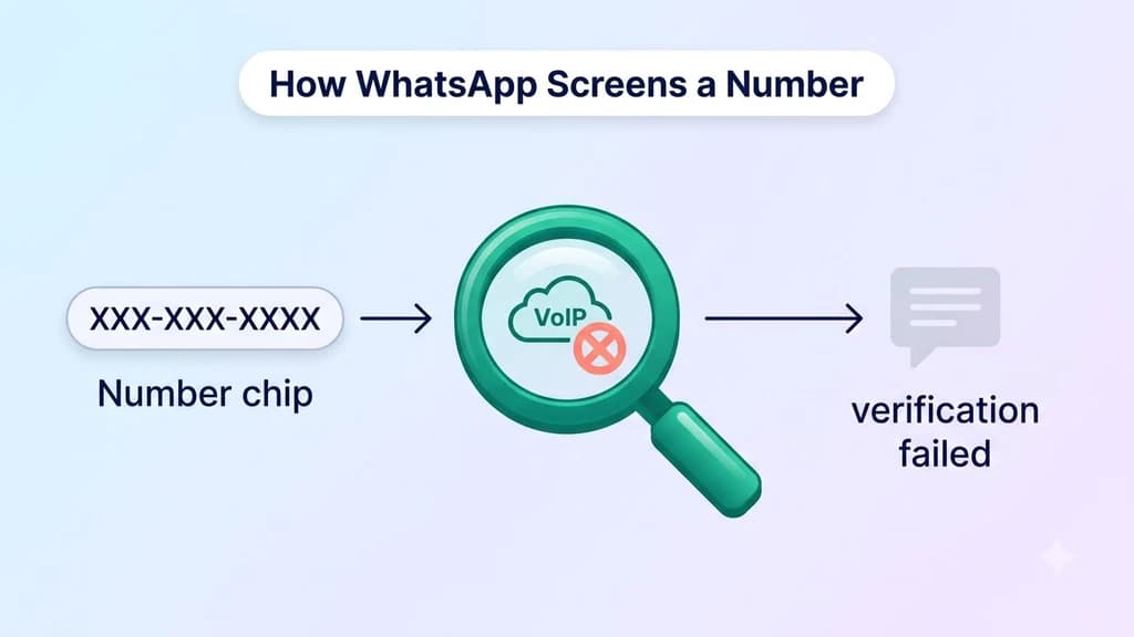 A verification system flagging a VoIP-registered number before it can pass WhatsApp's phone number check