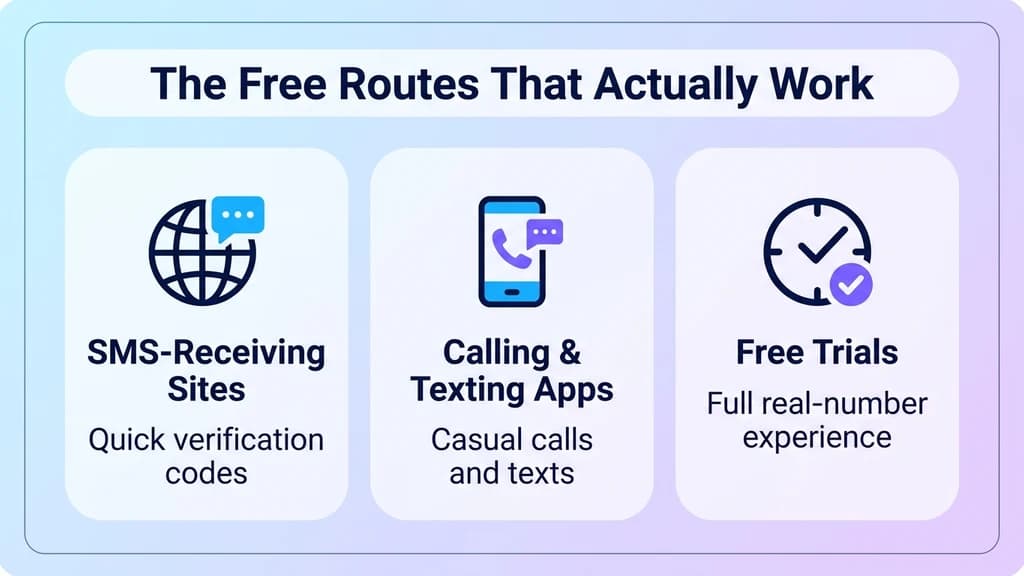 Three panels labeled SMS-receiving sites, calling and texting apps, and free trials