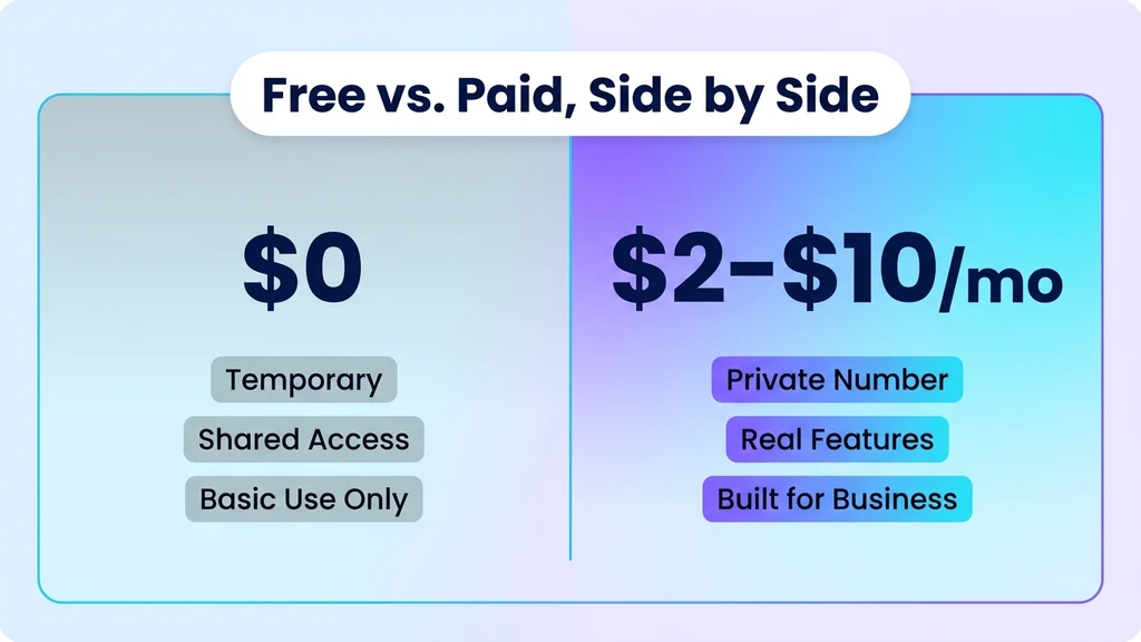 Split panel contrasting a $0 temporary number against a $2 to $10 per month private number
