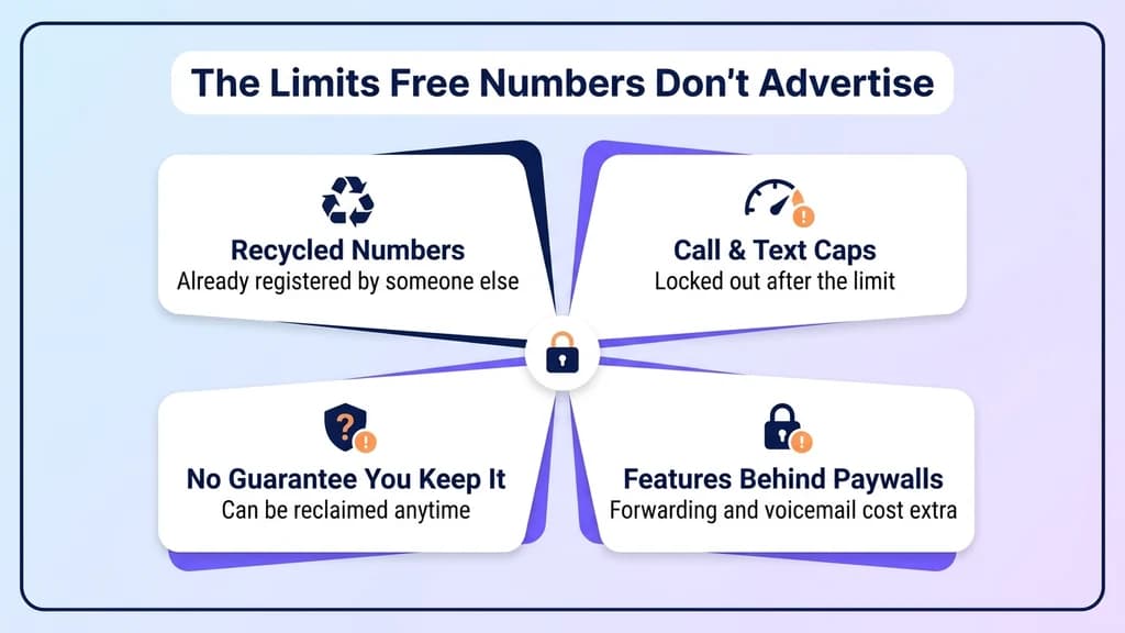 Four hidden limits of free US numbers: recycled numbers, call and text caps, no guarantee you keep it, and features locked behind paywalls