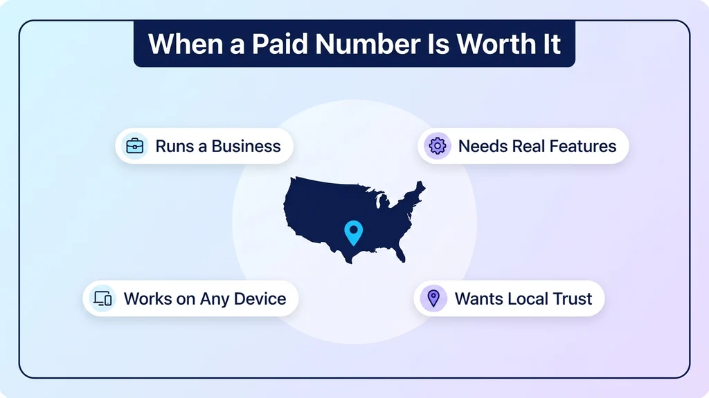 US map with four tags around it reading runs a business, needs real features, wants local trust, and works on any device