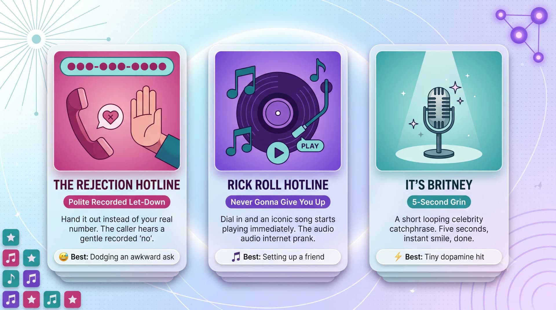 Three instant-laugh hotlines: The Rejection Hotline polite recorded let-down, the Rick Roll Hotline, and the It's Britney 5-second catchphrase line