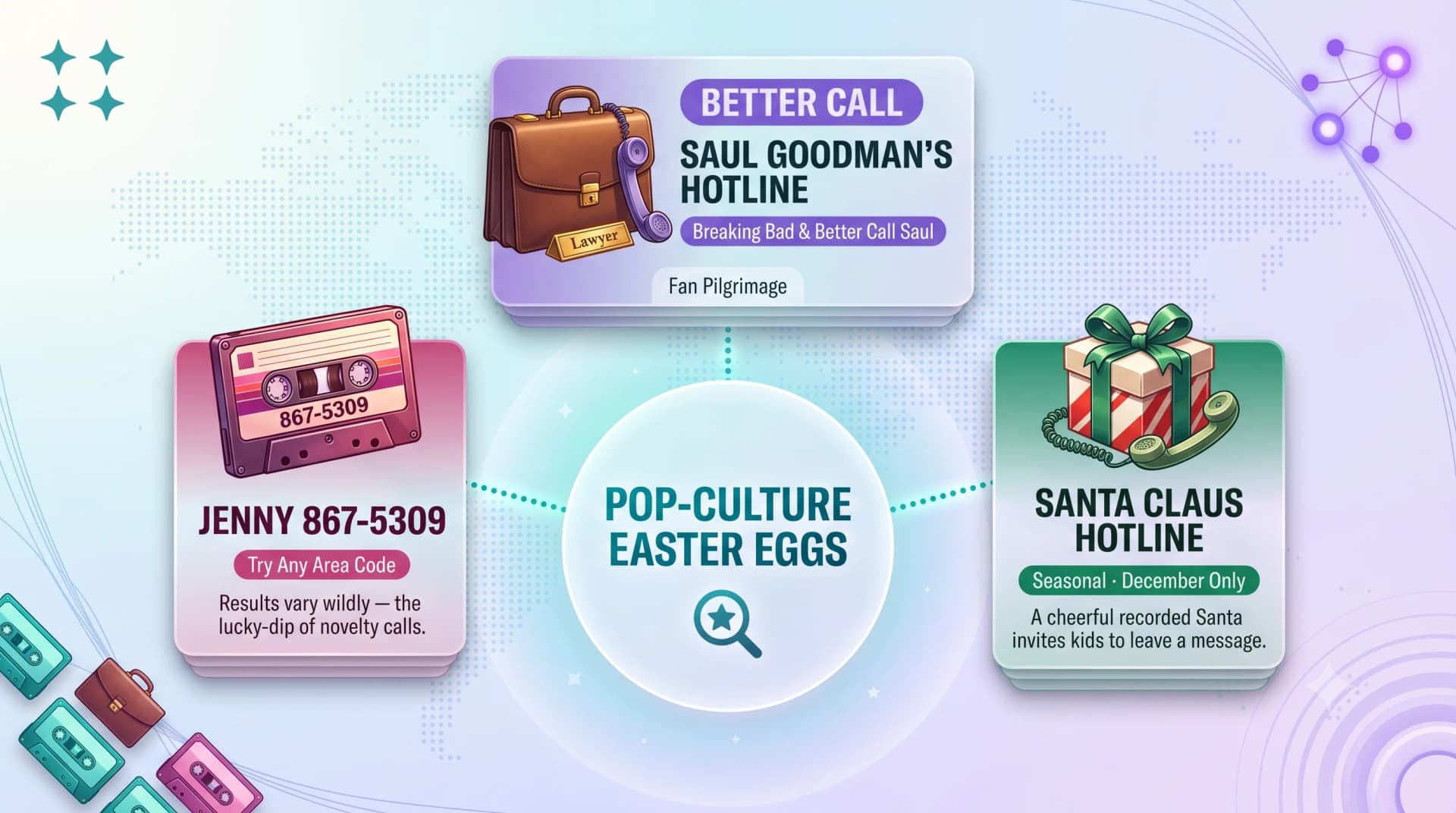 Pop-culture Easter egg hotlines: Saul Goodman's voicemail, the Jenny 867-5309 number, and the seasonal Santa Claus hotline