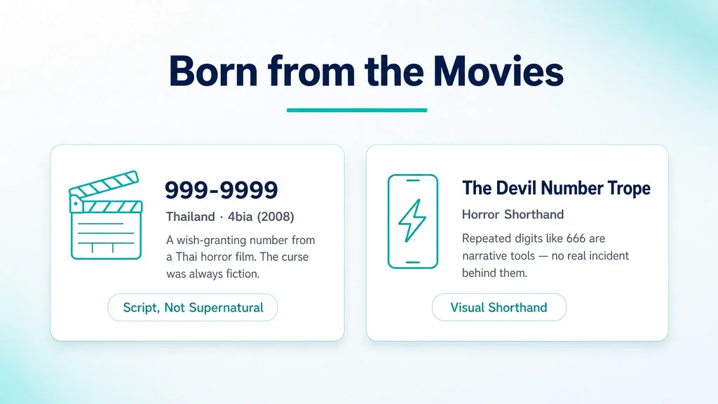 Infographic on haunted numbers born from the movies, including Thailand's 999-9999 and the devil number trope