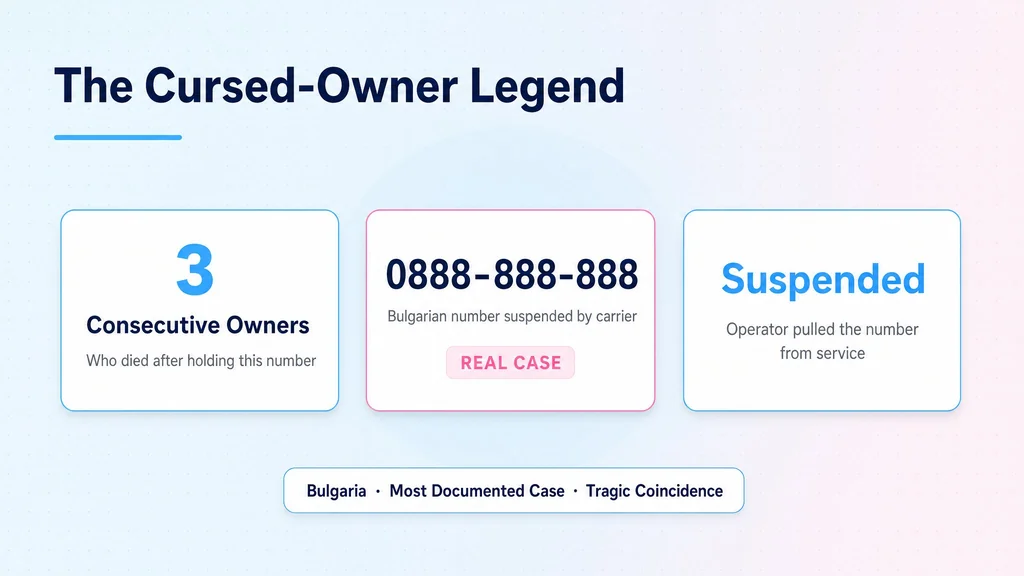 Infographic on the cursed-owner legend featuring Bulgaria's 0888-888-888 and its three deceased owners
