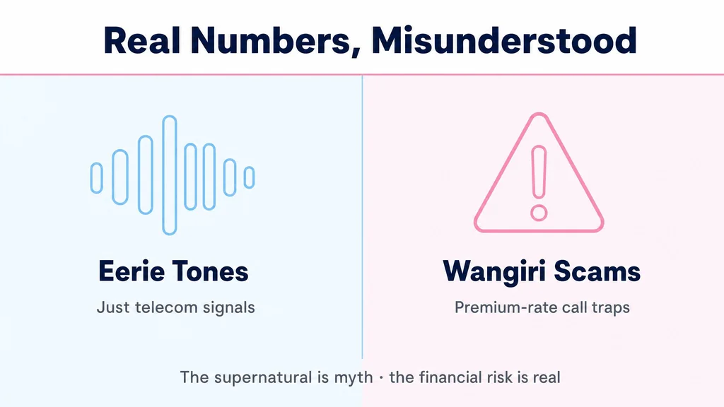 Infographic on real but misunderstood numbers: eerie telecom tones versus Wangiri premium-rate scams
