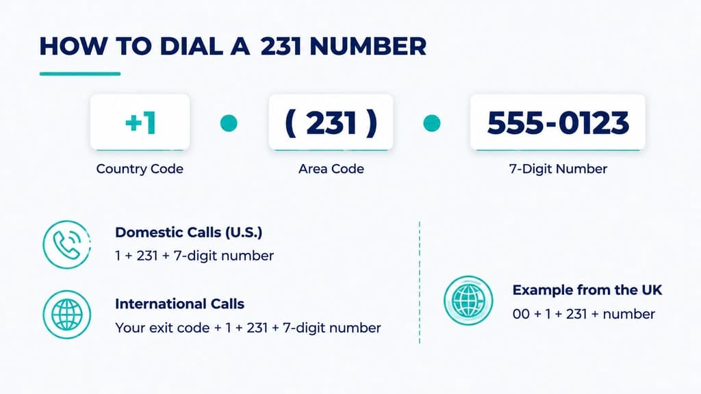 How to dial a 231 number — country code, area code, and seven-digit number