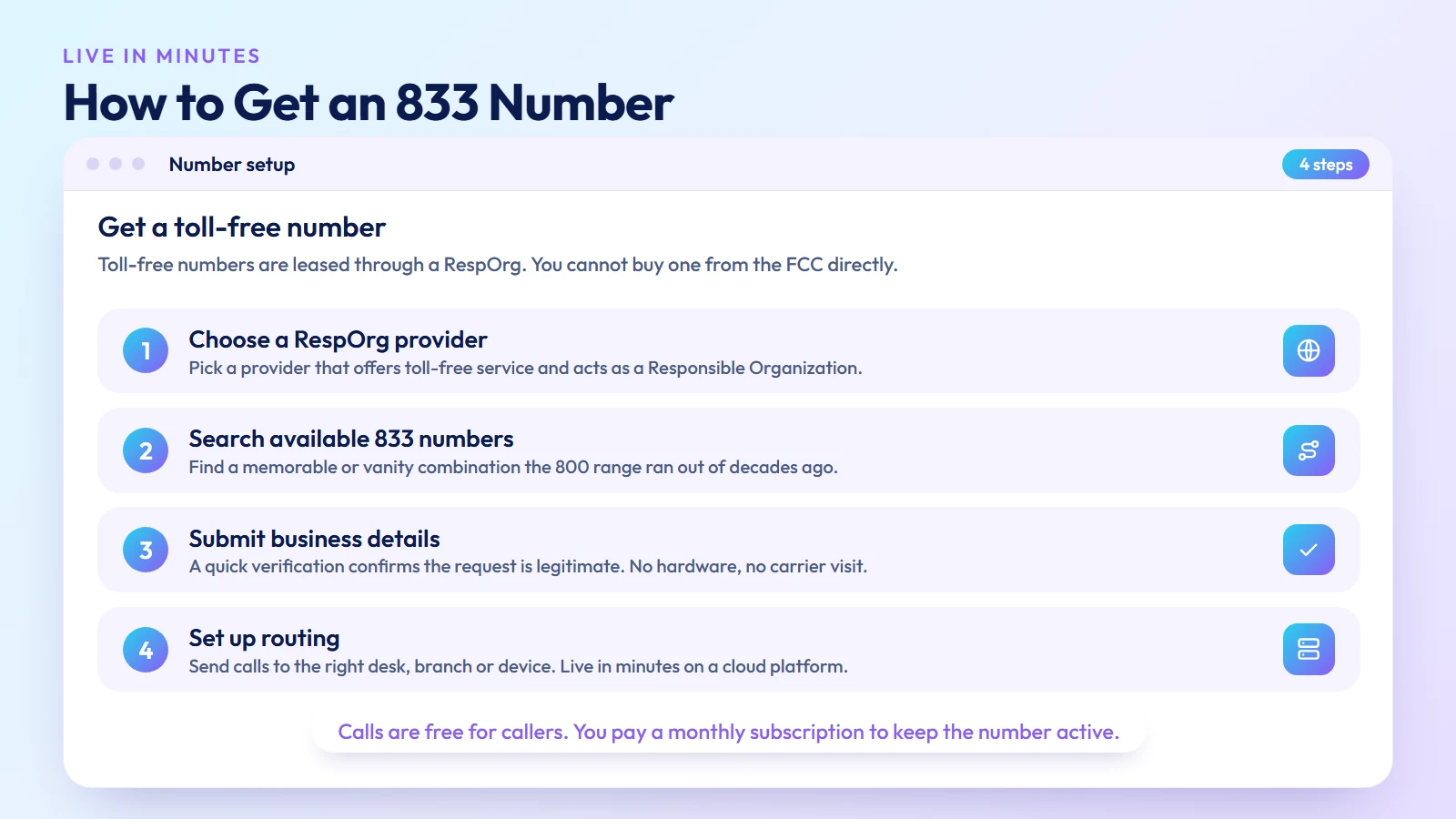 How to get an 833 number — choose a RespOrg provider, search numbers, verify, and set up routing
