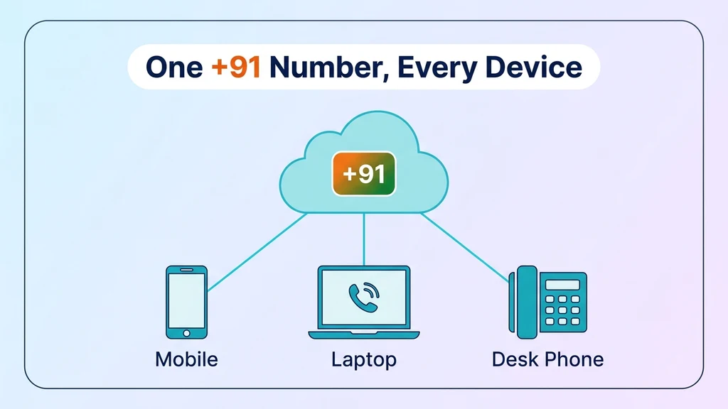 India virtual number explained: a +91 number routed through the cloud to a mobile phone, laptop, and desk phone