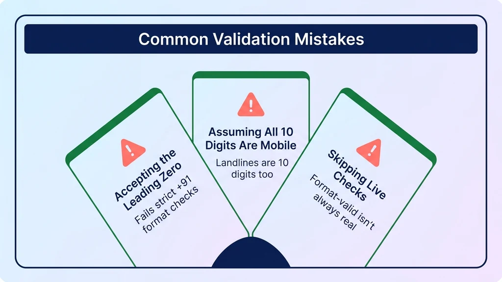 Three fanned warning cards covering leading zeros, mobile assumptions, and skipped live checks