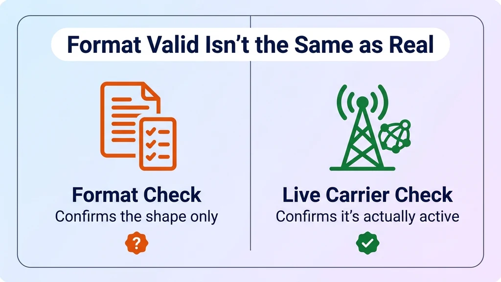 Structural format check versus a live carrier lookup confirming an Indian number is actually active