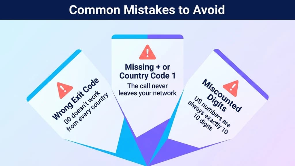Three fanned warning cards covering exit codes, missing country code, and digit counts