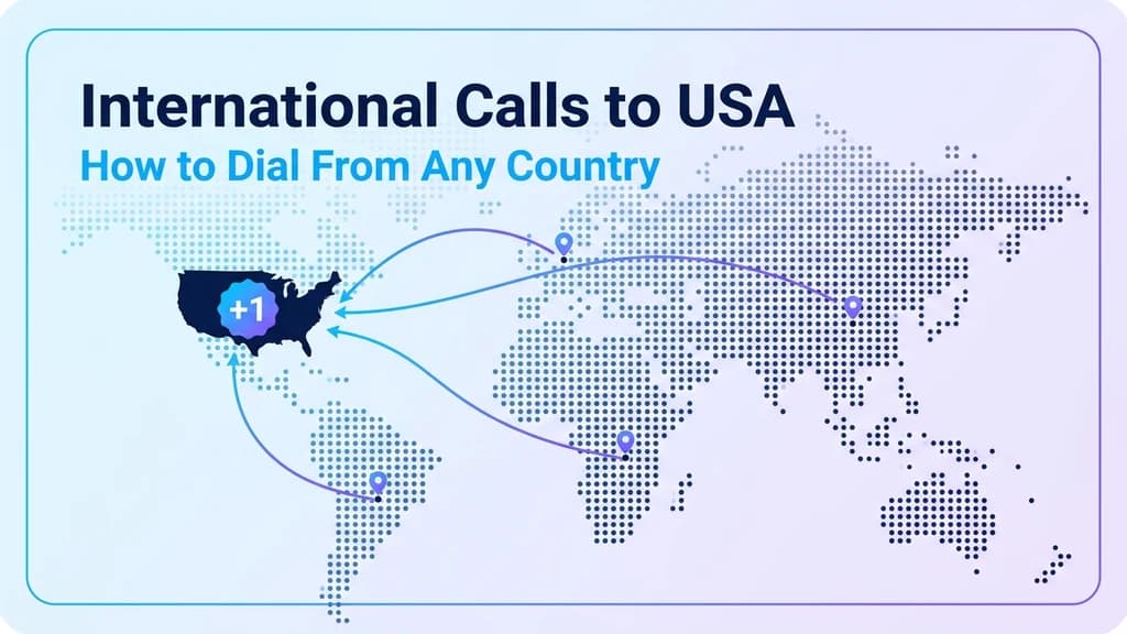 Guide to making international calls to the USA showing exit codes by region, the +1 country code, and a 10-digit US number