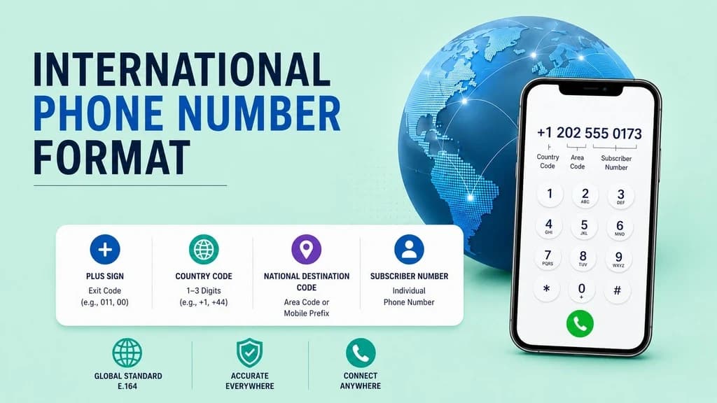 International phone number format — the E.164 standard, with the + sign, country code, and national number, working from any country