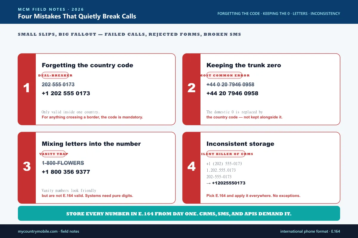 Four common E.164 phone number formatting mistakes — forgetting the country code, keeping the trunk zero, mixing in letters, and inconsistent storage across systems