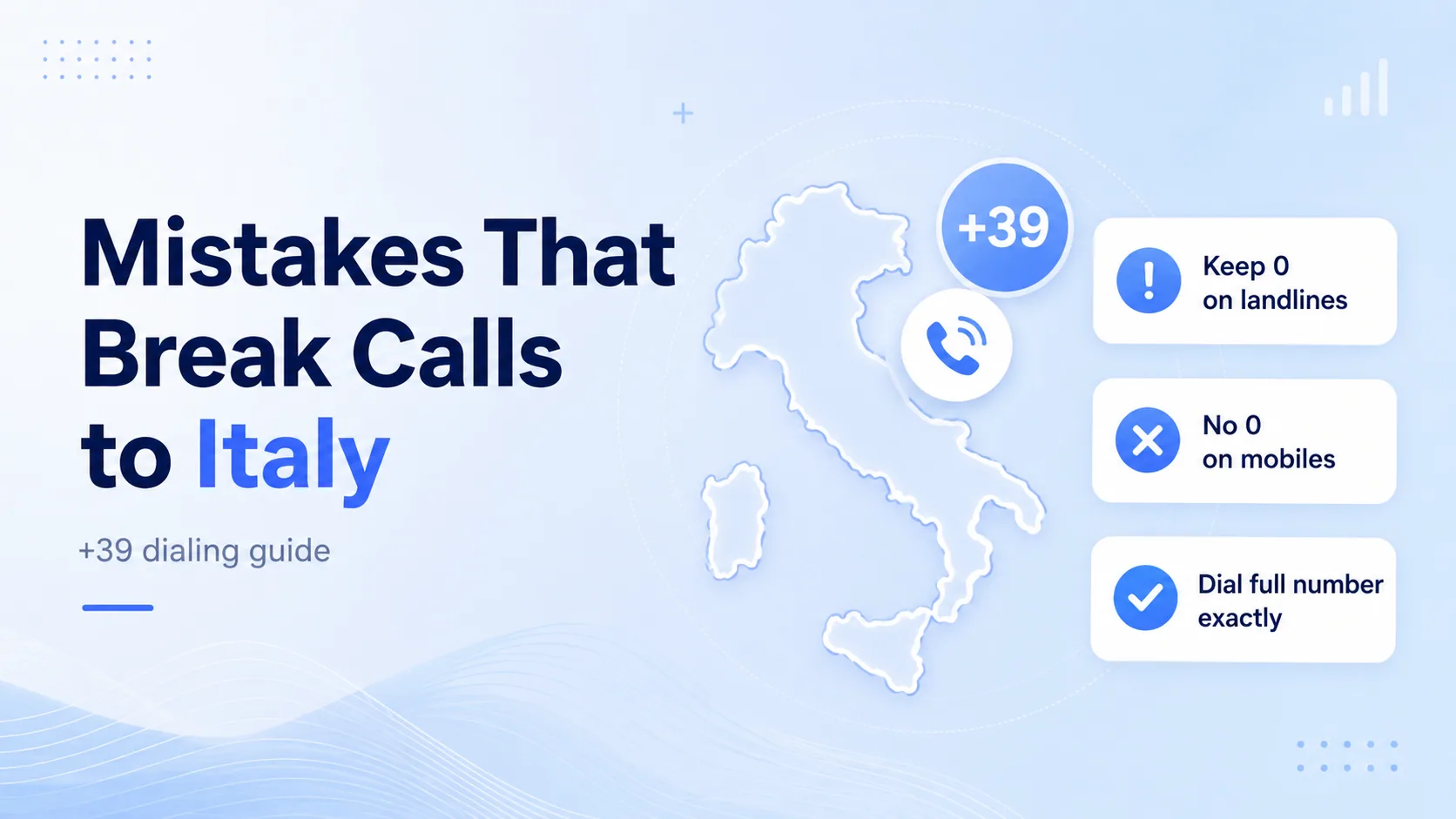 Mistakes that break calls to Italy: keep the 0 on landlines, no 0 on mobiles, and dial the full number exactly