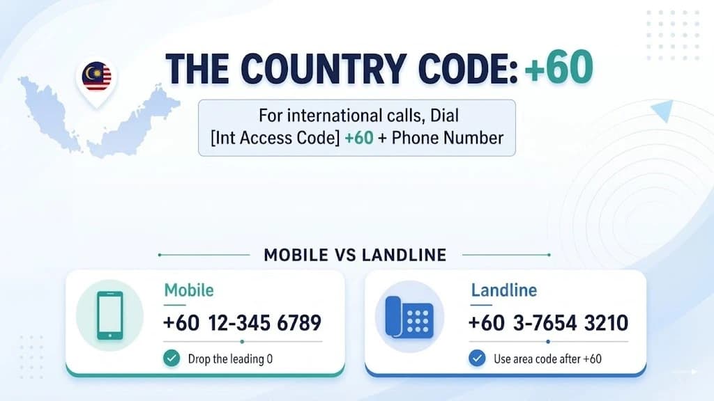 The Malaysia country code +60 — dial it before the number for international calls