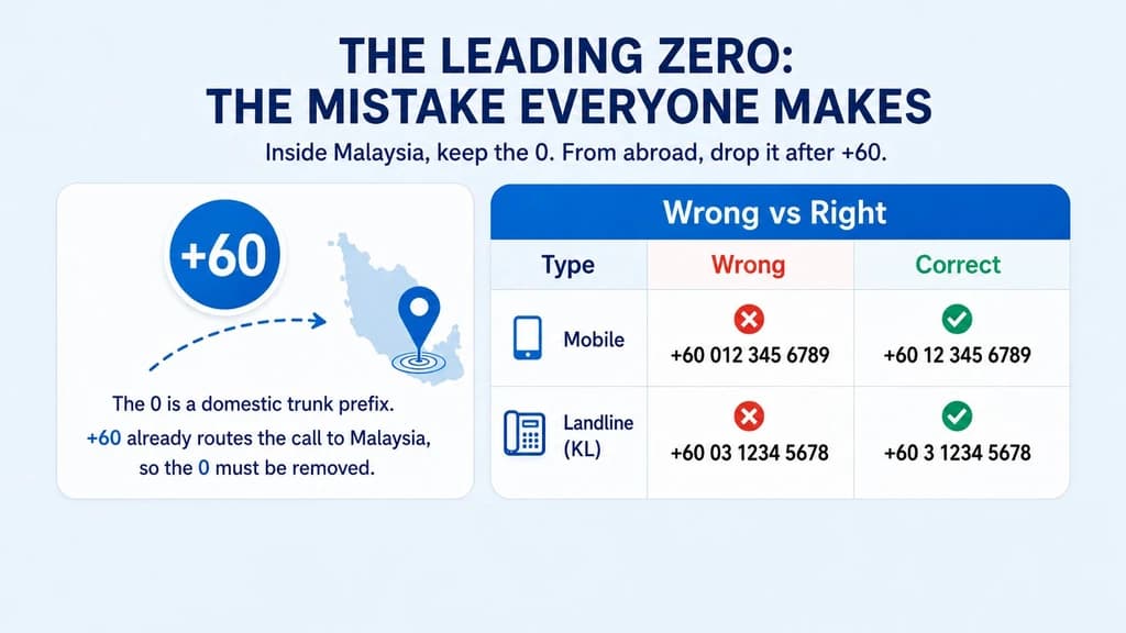 The leading zero mistake — keep the 0 inside Malaysia, drop it after +60 from abroad
