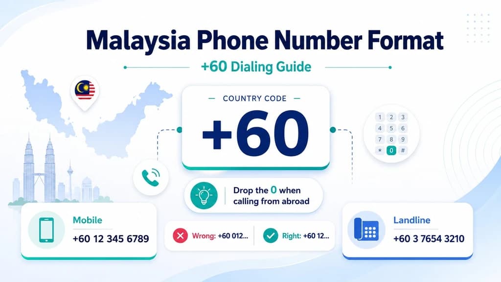 Malaysia phone number format — the +60 country code, mobile vs landline, drop the leading zero