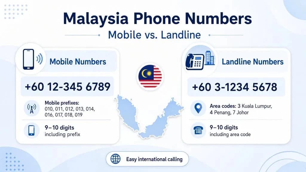 Malaysia phone numbers — mobile prefixes vs landline area codes compared