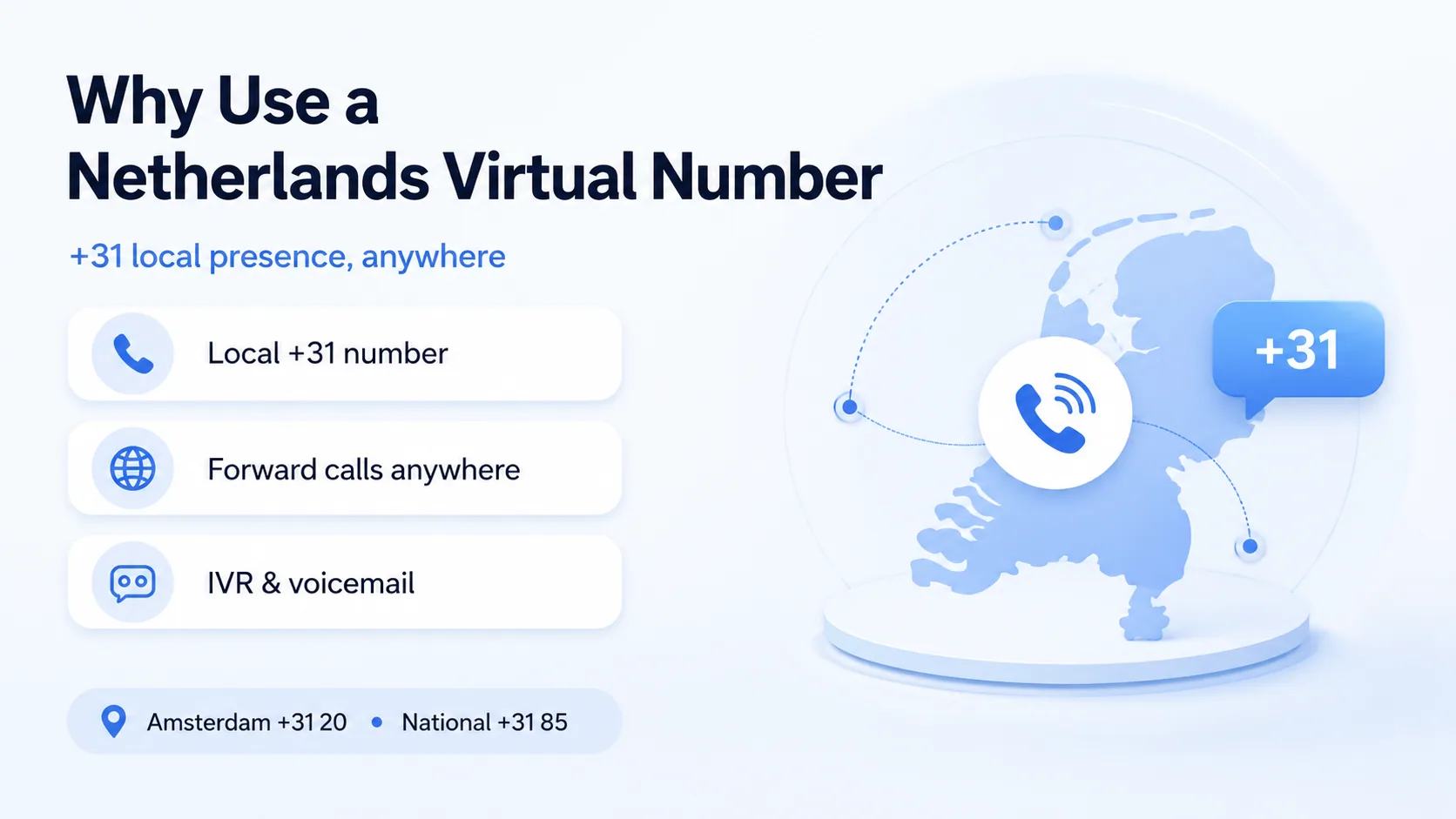 Why use a Netherlands virtual number: a local +31 number with call forwarding, IVR, and voicemail anywhere